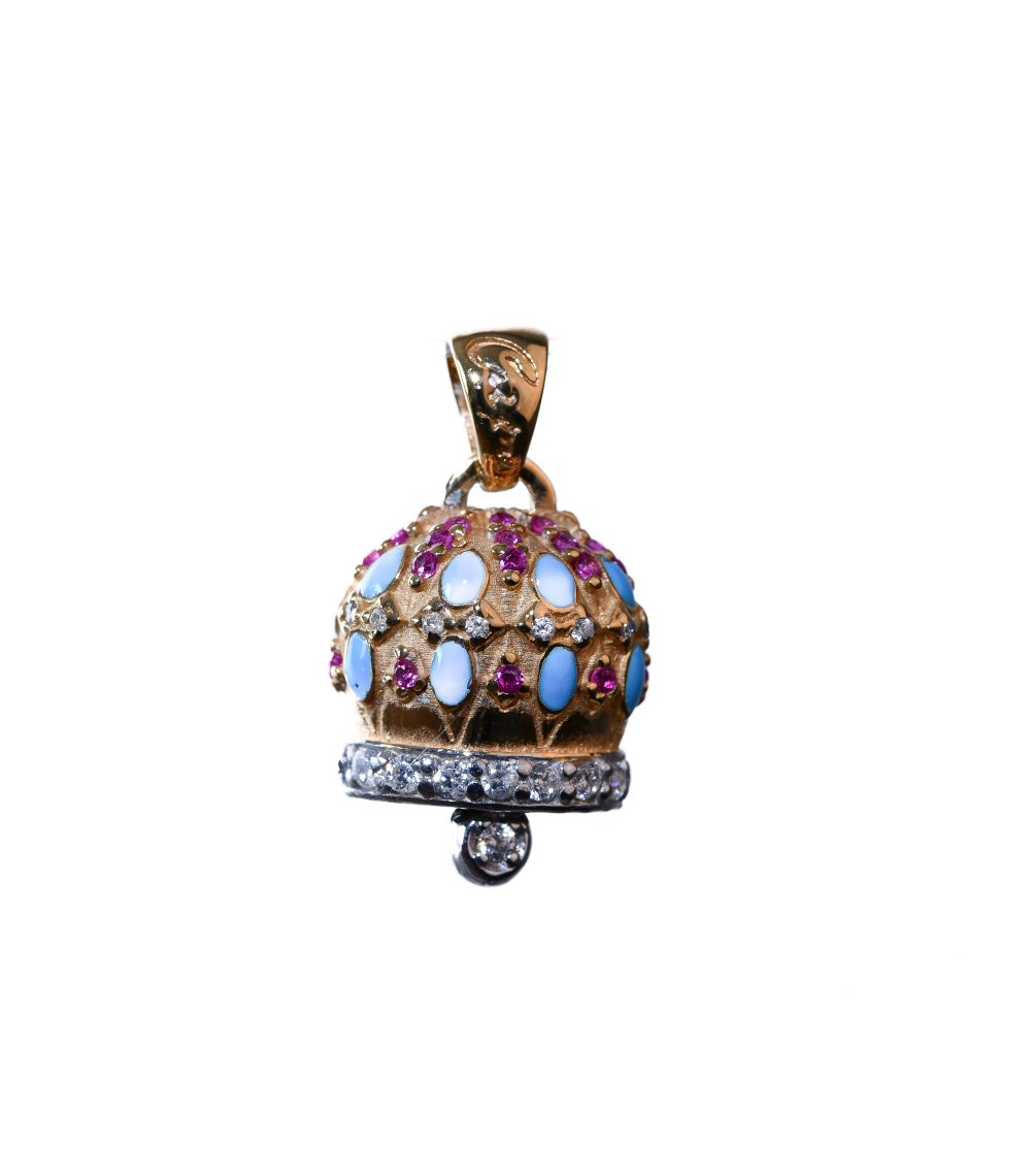 Campanella in argento 925 placcato oro smaltata con zirconi bianchi e rossi