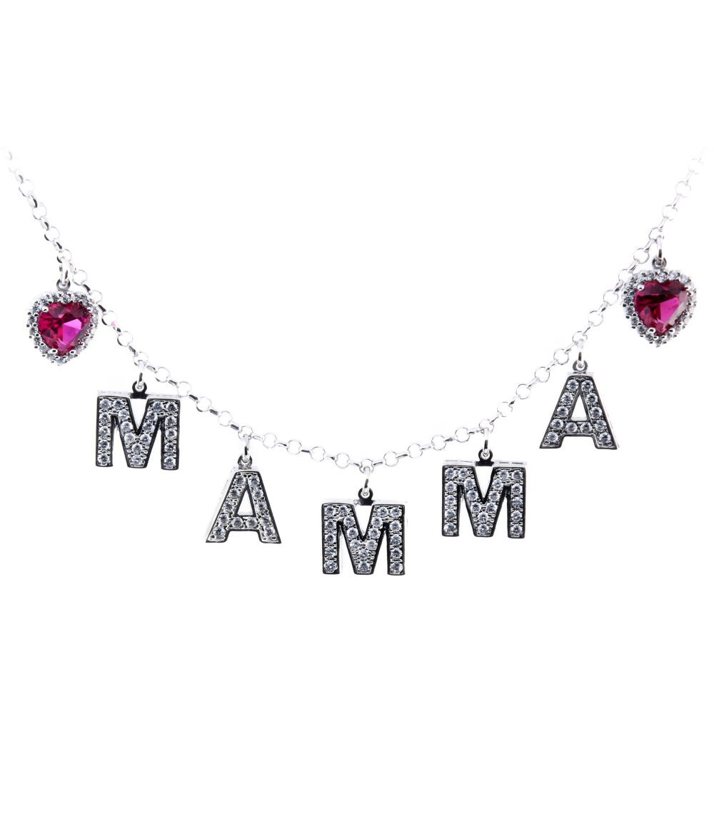 Collana mamma con lettere zirconate e cuori in zirconi rosso rubino