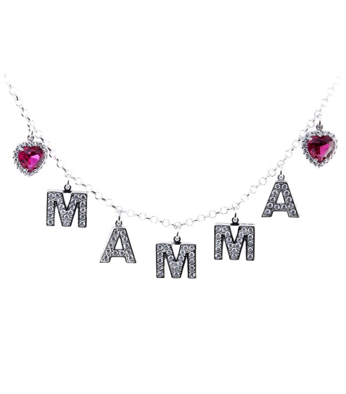 Collana mamma con lettere zirconate e cuori in zirconi rosso rubino