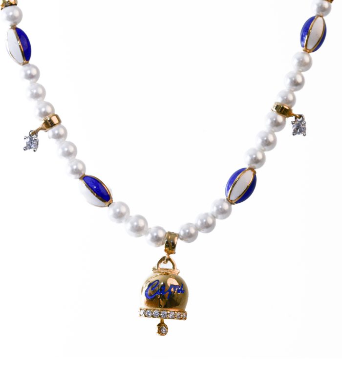 Collana con perle campanella in argento 925 placcato oro 18 kt smaltata con zirconi bianchi