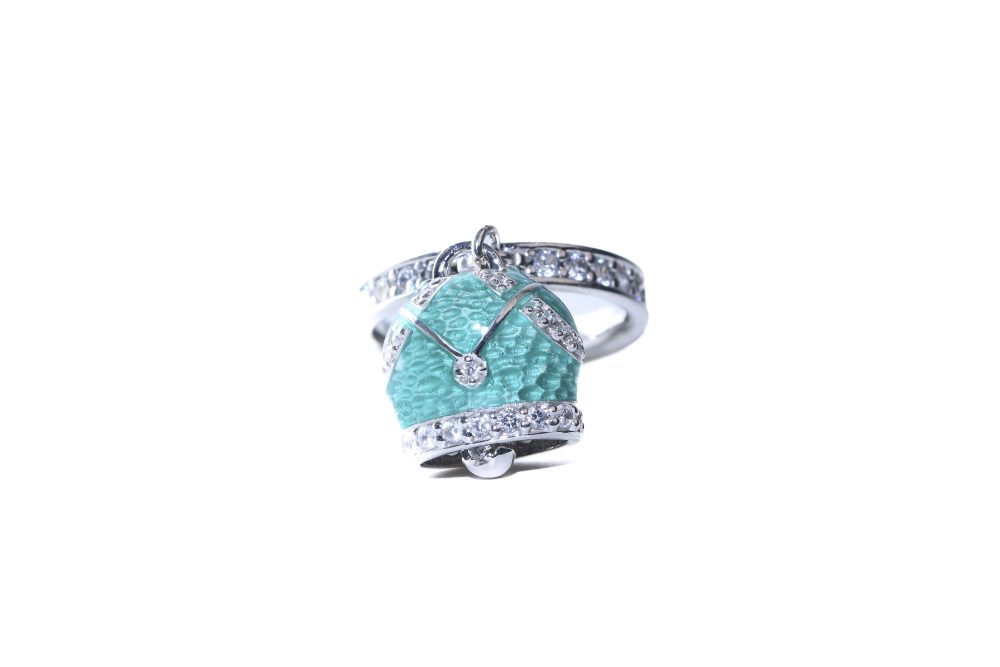 ANELLO VERETTA IN ARGENTO 925 CON CAMPANELLA SMALTATA CON ZIRCONI BIANCHI