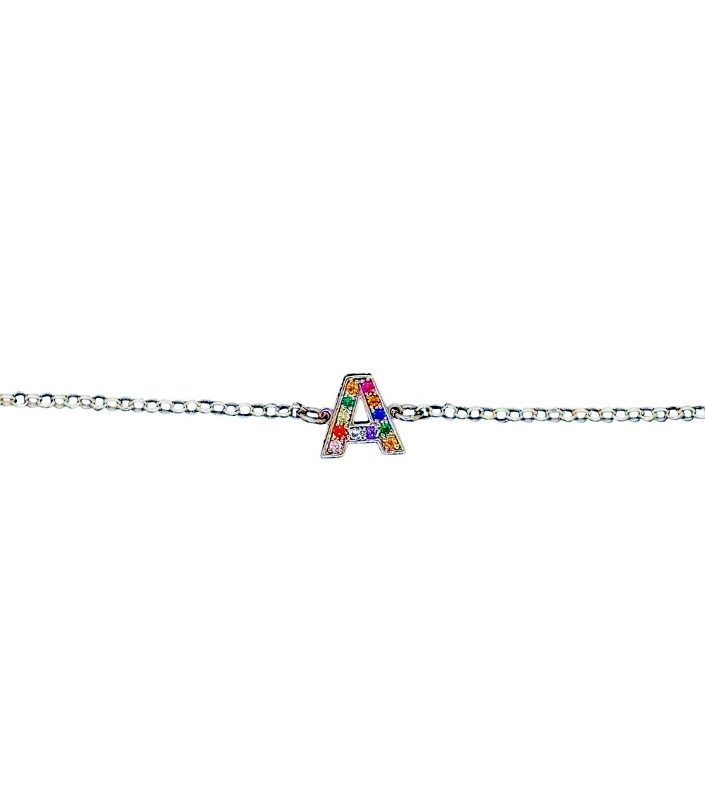 Bracciale catena rolò con lettera in argento 925 e zirconi multicolor