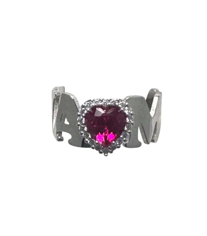 Anello regolabile con scritta Mama in argento 925 con cuore zirconato rosso rubino