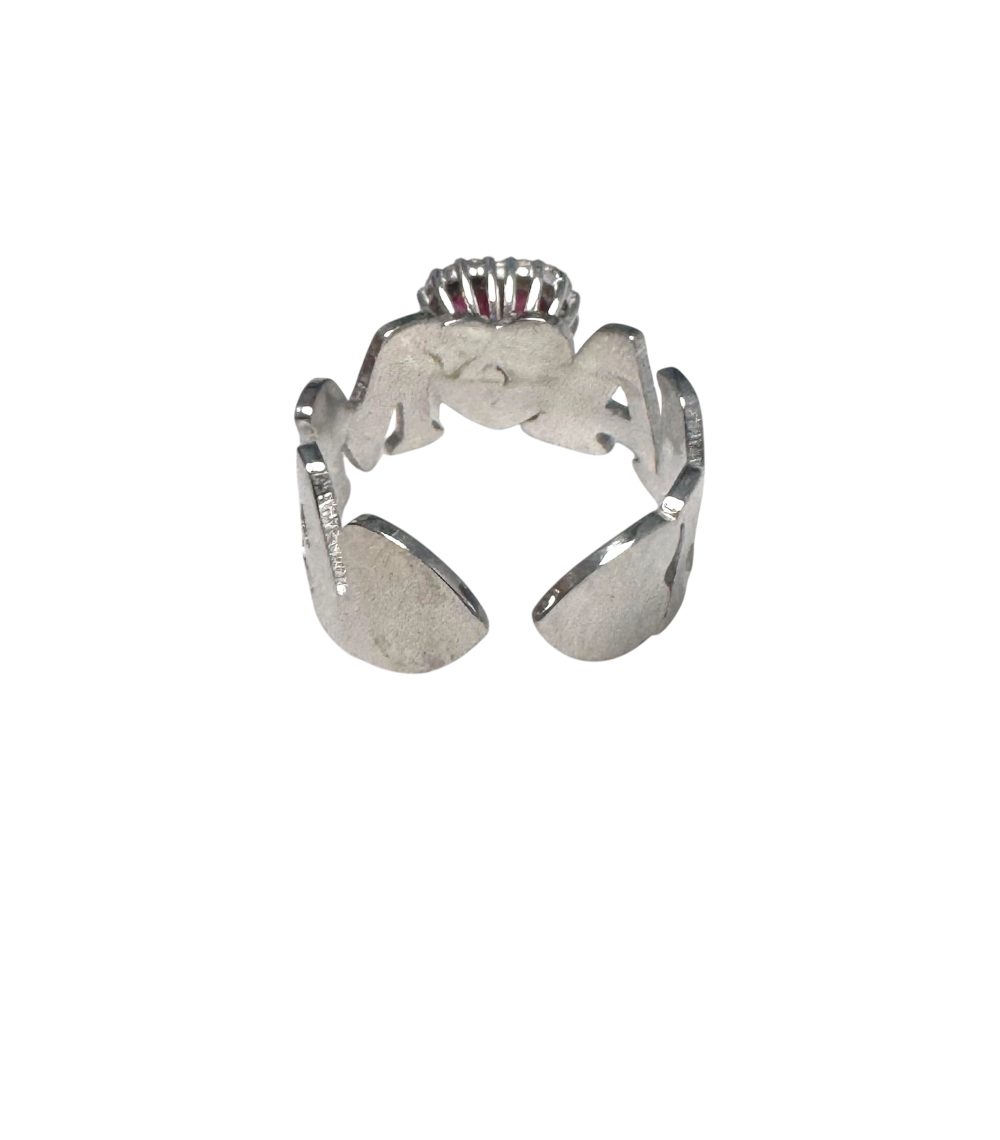 Anello regolabile con scritta Mama in argento 925 con cuore zirconato rosso rubino - immagine 3
