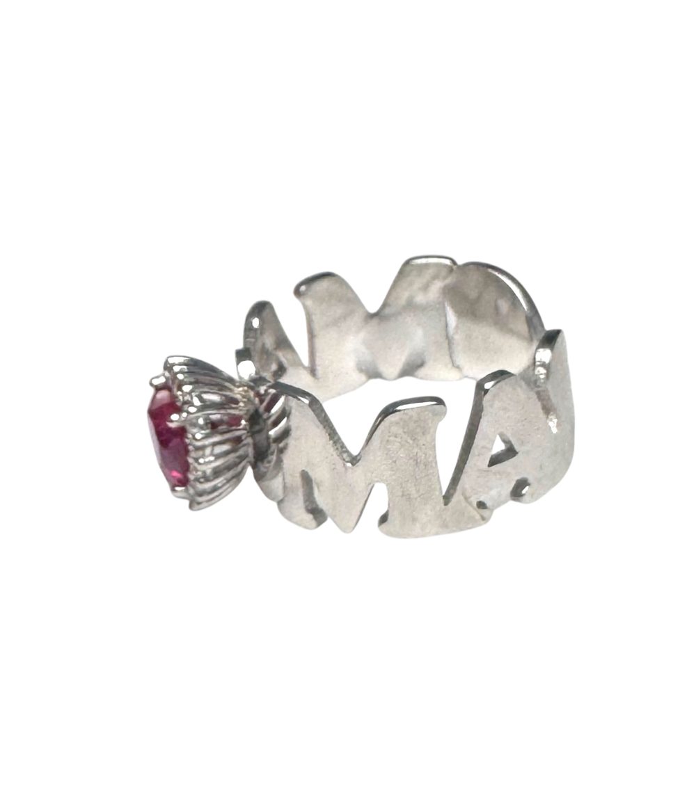 Anello regolabile con scritta Mama in argento 925 con cuore zirconato rosso rubino - immagine 4