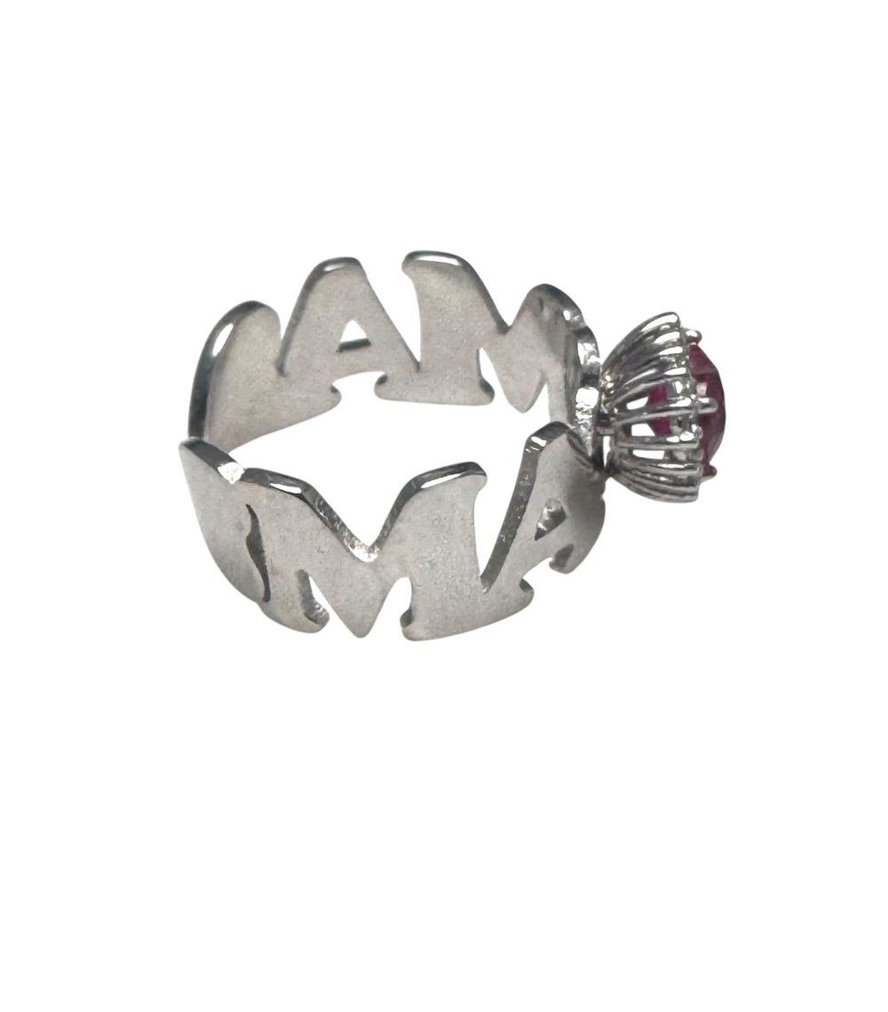 Anello regolabile con scritta Mama in argento 925 con cuore zirconato rosso rubino - immagine 5